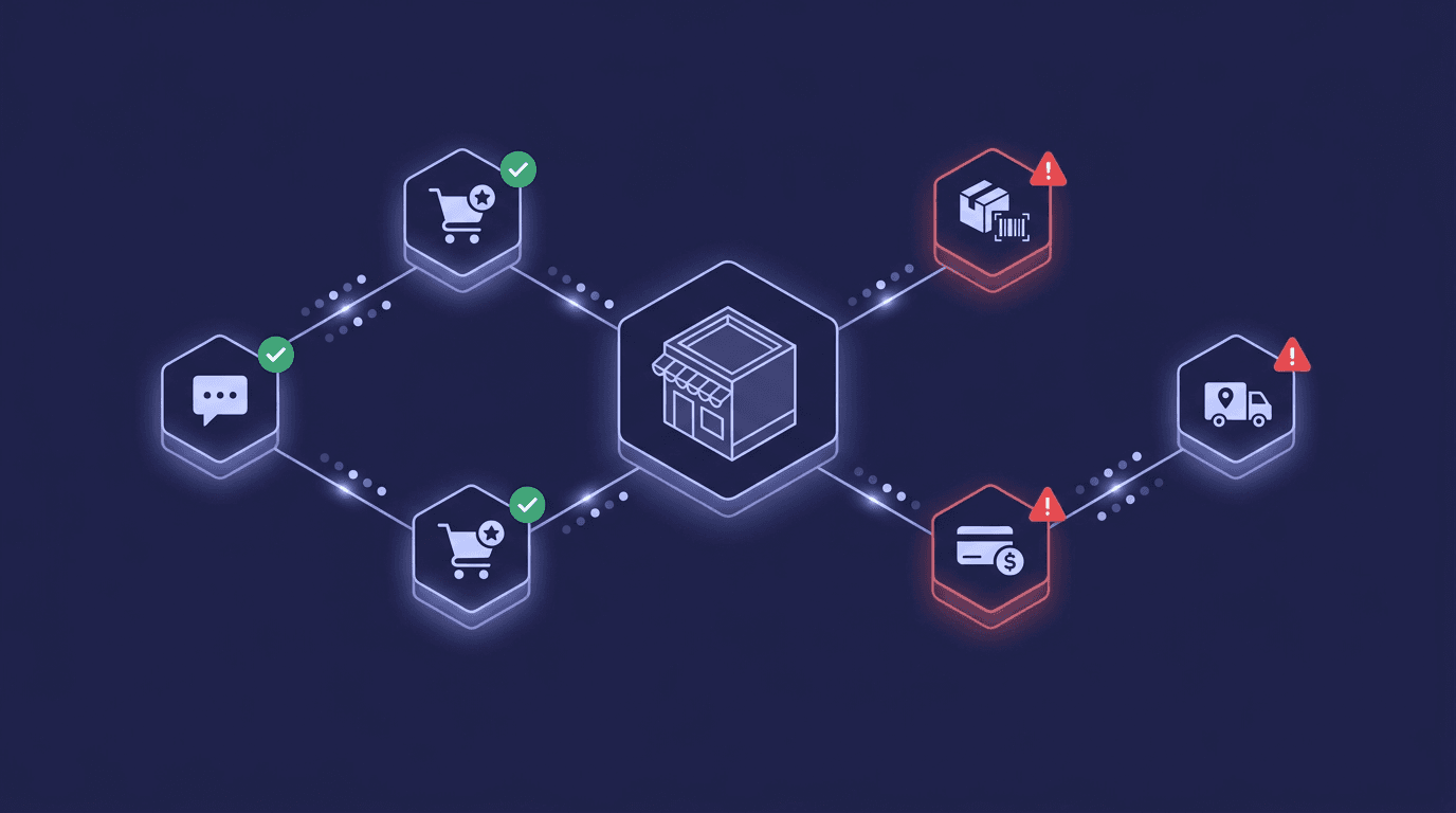 A retail storefront at the centre of a multi-agent ecosystem - verified agents with green checkmarks and unverified agents with red warnings across shopping, payment, inventory, and logistics.